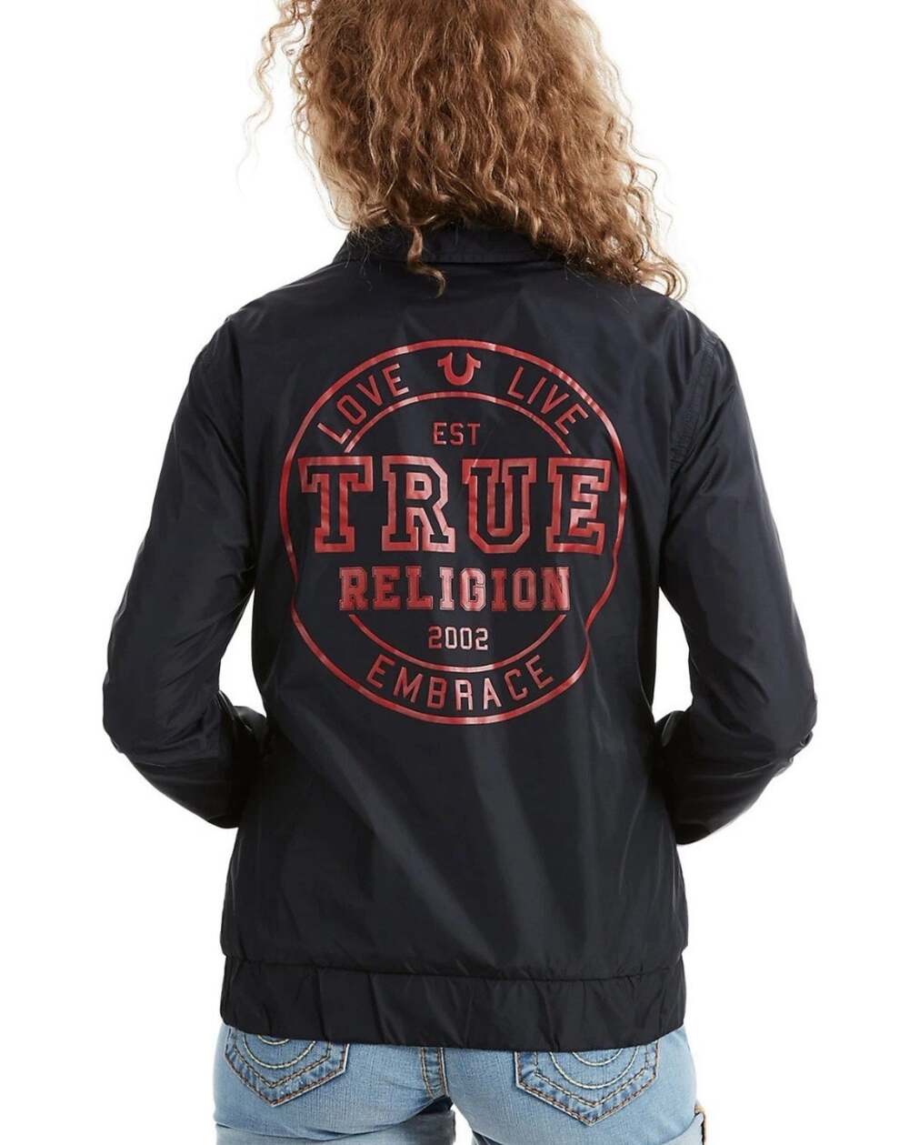 True Religion Black Windbreaker XL Graphic Bomber Jacket Streetwear Grunge Y2K